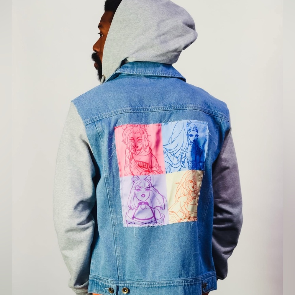RWBY X BABS TARR Unisex Denim Hooded Jean Jacket character on back size: XLarge